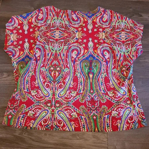 Lauren Ralph Lauren Blouse Top Women's 2X Red Cotton Paisley Short Cap Sleeves - Picture 2 of 6